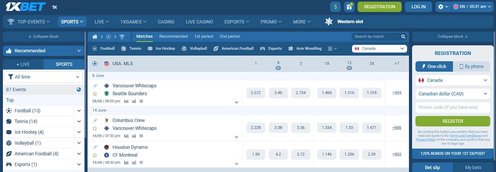 1xBet slot machine with a winning combination and flashing lights.